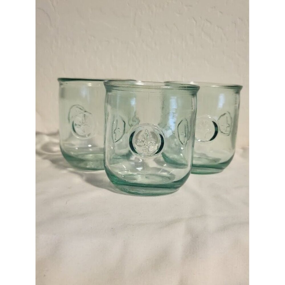 Vintage Set of 3 Amici Fleur-De-Lis Clear Clear Green Glass 11oz Glasses